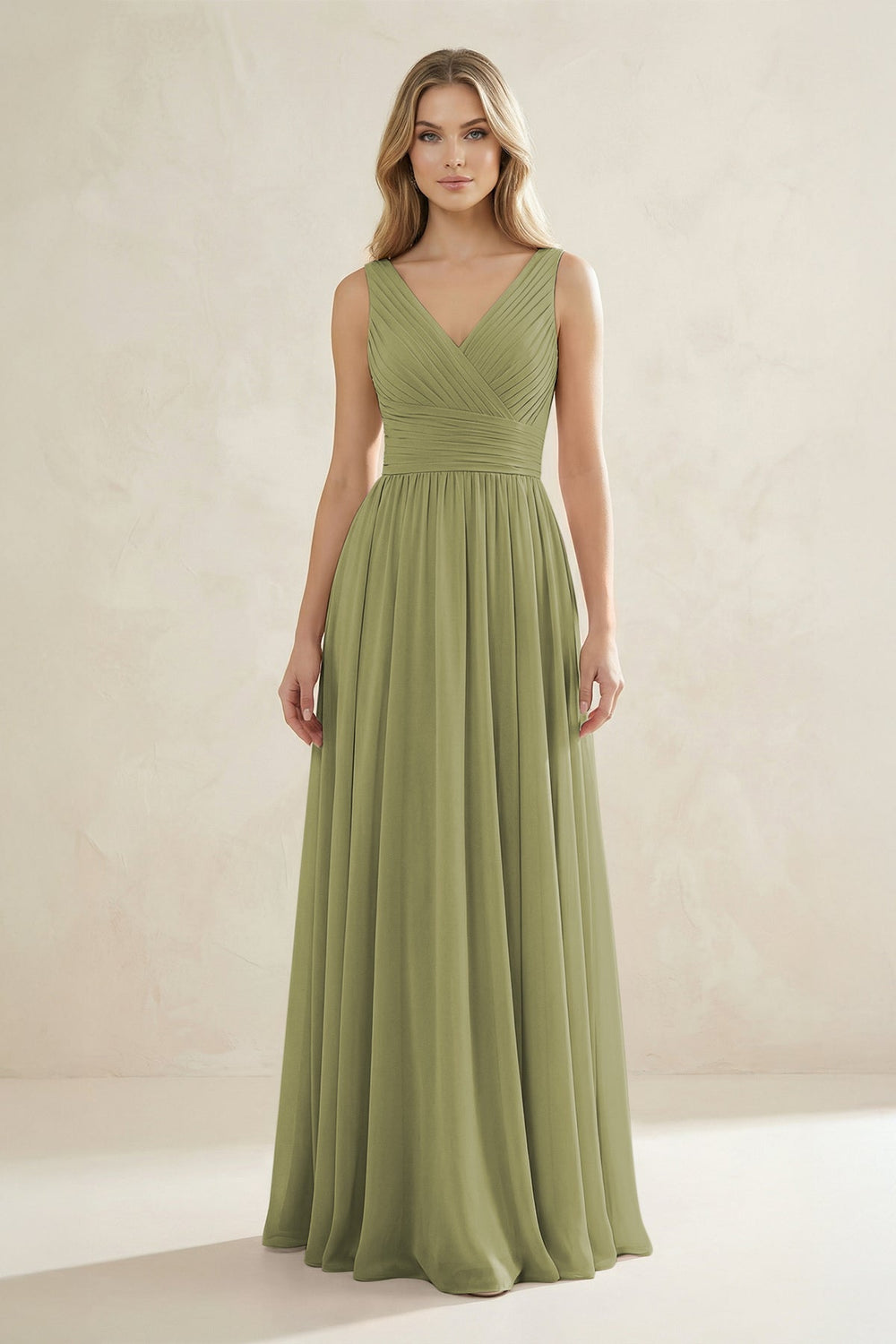 V - Neck Pleated A - Line Bridesmaid Dress in Moss Green - KISS BRIDAL Bridesmaid Dresses