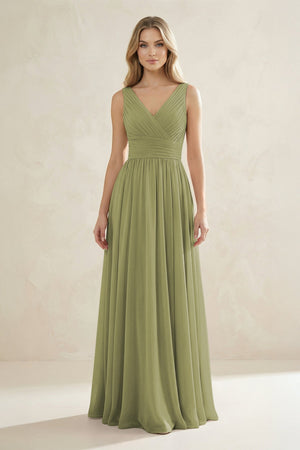 V - Neck Pleated A - Line Bridesmaid Dress in Moss Green - SHE IS ME Bridesmaid Dresses
