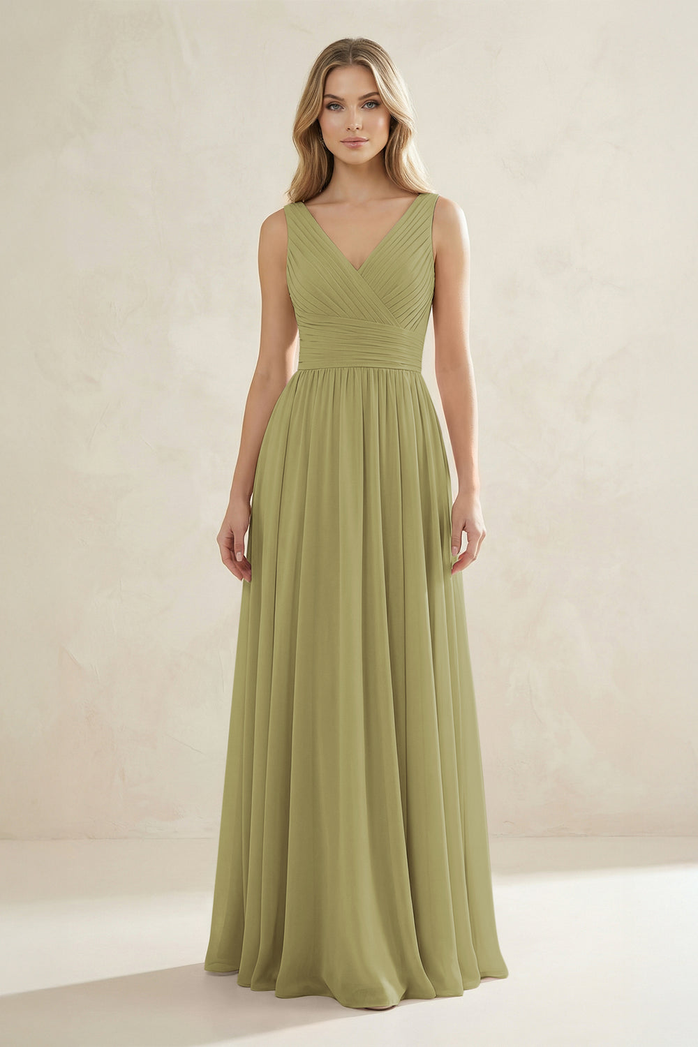 V-Neck Pleated A-Line Bridesmaid Dress in Moss Green