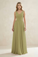V-Neck Pleated A-Line Bridesmaid Dress in Moss Green | KISSBRIDAL