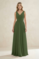 V-Neck Pleated A-Line Bridesmaid Dress in Moss | KISSBRIDAL