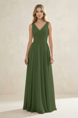 V-Neck Pleated A-Line Bridesmaid Dress in Moss | KISSBRIDAL