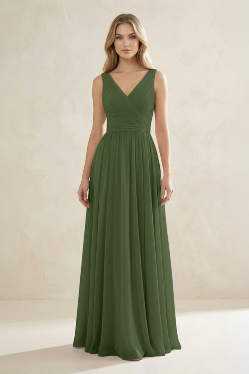 V-Neck Pleated A-Line Bridesmaid Dress in Moss | KISSBRIDAL