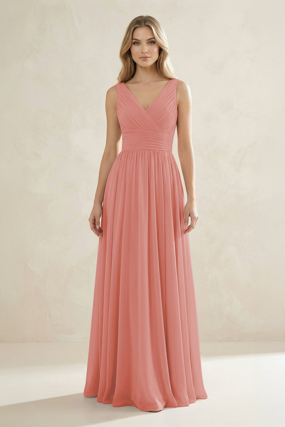 V-Neck Pleated A-Line Bridesmaid Dress in Mulberry