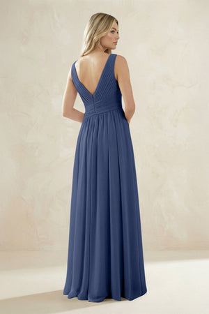 V - Neck Pleated A - Line Bridesmaid Dress in Navy - SHE IS ME Bridesmaid Dresses
