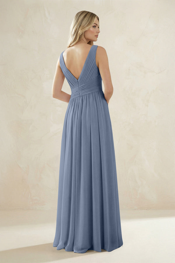 V - Neck Pleated A - Line Bridesmaid Dress in Neptune - SHE IS ME Bridesmaid Dresses