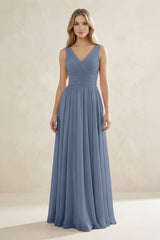V - Neck Pleated A - Line Bridesmaid Dress in Neptune - KISS BRIDAL Bridesmaid Dresses