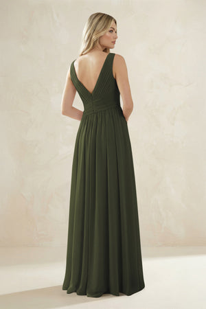 V-Neck Pleated A-Line Bridesmaid Dress in Olive (2) | KISSBRIDAL