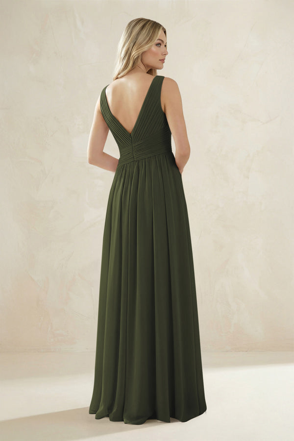V-Neck Pleated A-Line Bridesmaid Dress in Olive (2) | KISSBRIDAL
