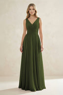 V - Neck Pleated A - Line Bridesmaid Dress in Olive - SHE IS ME Bridesmaid Dresses