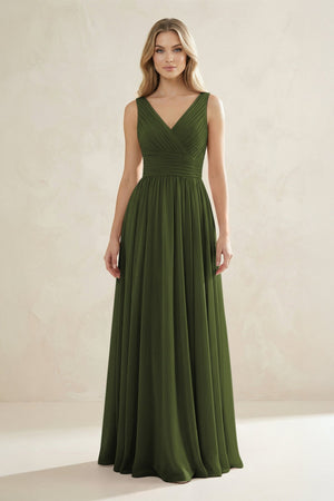 V - Neck Pleated A - Line Bridesmaid Dress in Olive - SHE IS ME Bridesmaid Dresses