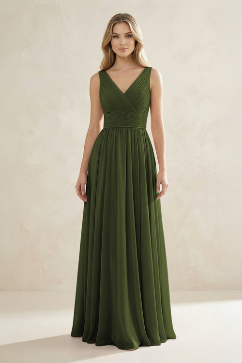V - Neck Pleated A - Line Bridesmaid Dress in Olive - SHE IS ME Bridesmaid Dresses
