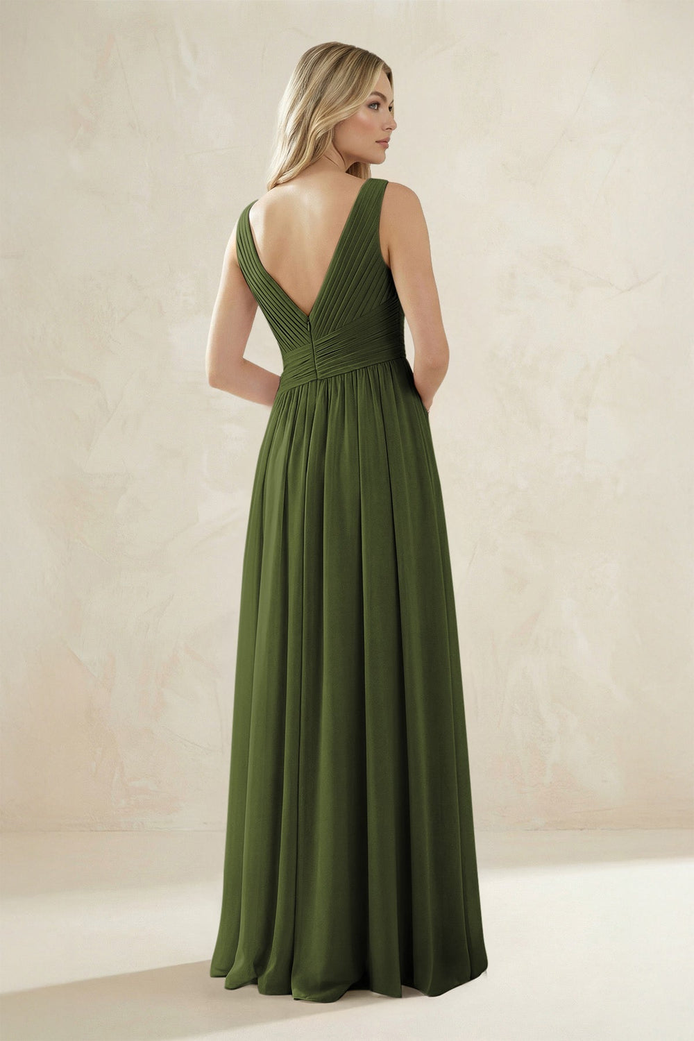 V - Neck Pleated A - Line Bridesmaid Dress in Olive - KISS BRIDAL Bridesmaid Dresses
