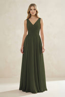 V-Neck Pleated A-Line Bridesmaid Dress in Olive | KISSBRIDAL
