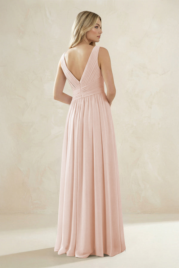 V - Neck Pleated A - Line Bridesmaid Dress in Pale Blush - SHE IS ME Bridesmaid Dresses