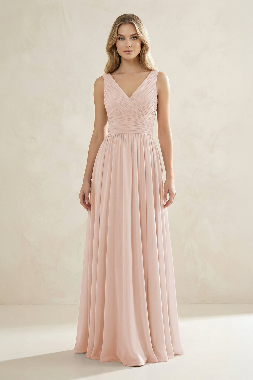 V - Neck Pleated A - Line Bridesmaid Dress in Pale Blush - KISS BRIDAL Bridesmaid Dresses