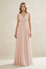 V - Neck Pleated A - Line Bridesmaid Dress in Pale Blush - KISS BRIDAL Bridesmaid Dresses