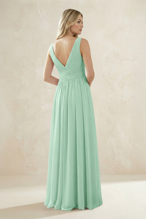 V-Neck Pleated A-Line Bridesmaid Dress in Pale Pistachio (2) | KISSBRIDAL