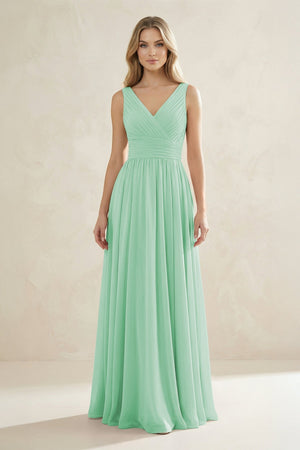 V - Neck Pleated A - Line Bridesmaid Dress in Pale Pistachio - SHE IS ME Bridesmaid Dresses