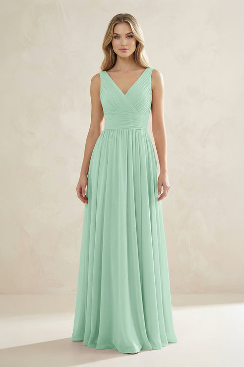 V-Neck Pleated A-Line Bridesmaid Dress in Pale Pistachio | KISSBRIDAL