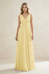 V - Neck Pleated A - Line Bridesmaid Dress in Pastel Yellow - KISS BRIDAL Bridesmaid Dresses