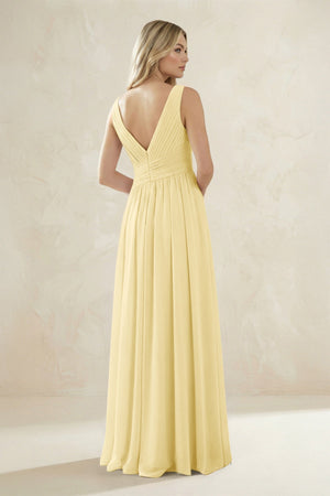 V - Neck Pleated A - Line Bridesmaid Dress in Pastel Yellow - SHE IS ME Bridesmaid Dresses