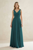 V - Neck Pleated A - Line Bridesmaid Dress in Pine - SHE IS ME Bridesmaid Dresses
