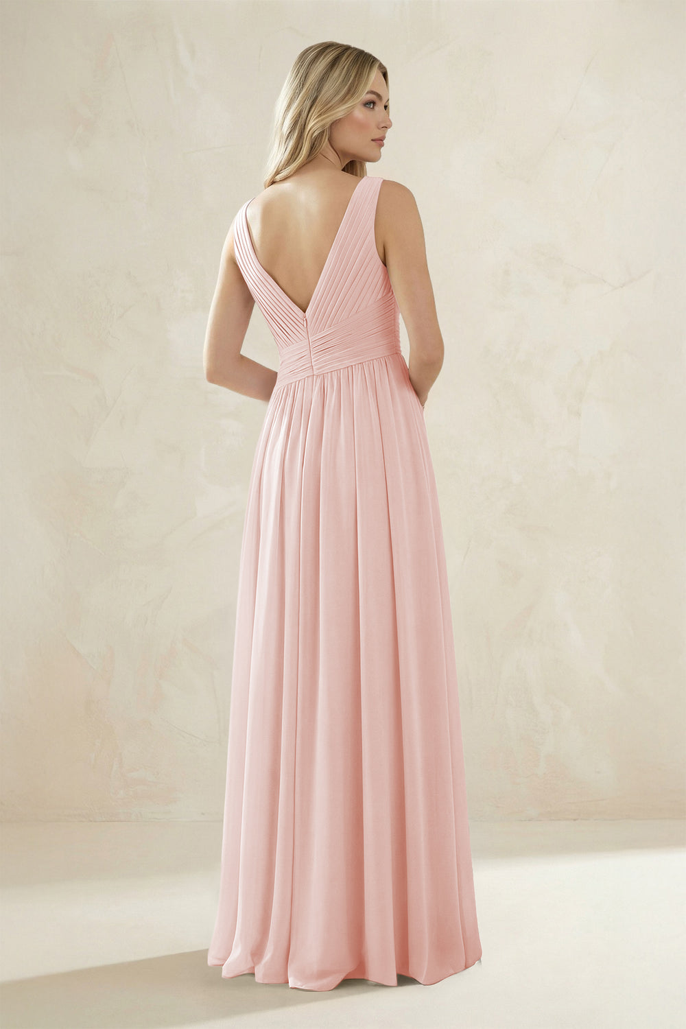 V-Neck Pleated A-Line Bridesmaid Dress in Rose Petal