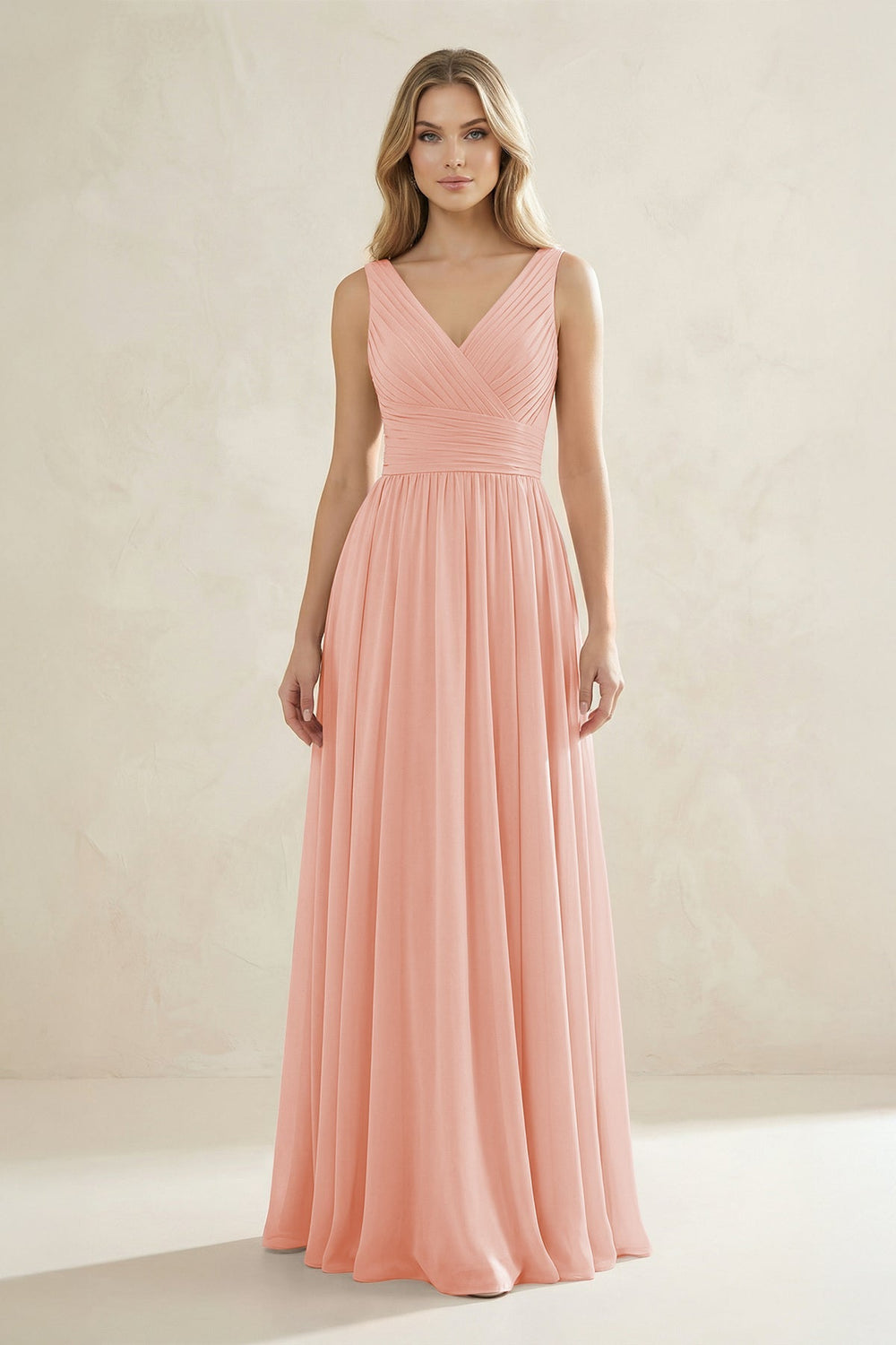V - Neck Pleated A - Line Bridesmaid Dress in Rose Petal - KISS BRIDAL Bridesmaid Dresses