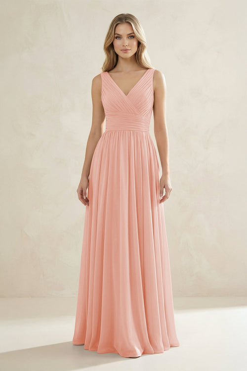 V - Neck Pleated A - Line Bridesmaid Dress in Rose Petal - SHE IS ME Bridesmaid Dresses