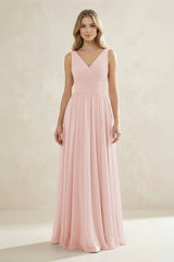 V-Neck Pleated A-Line Bridesmaid Dress in Rose Petal | KISSBRIDAL