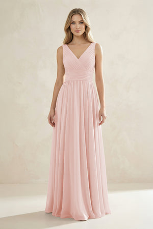 V-Neck Pleated A-Line Bridesmaid Dress in Rose Petal | KISSBRIDAL