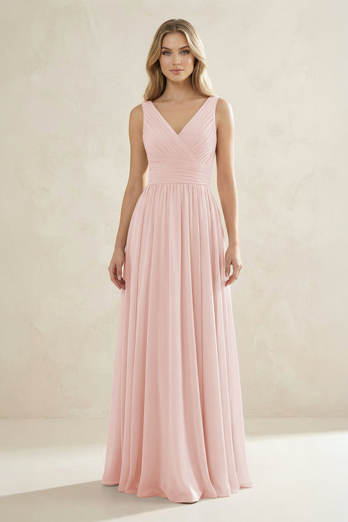 V-Neck Pleated A-Line Bridesmaid Dress in Rose Petal | KISSBRIDAL