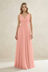V-Neck Pleated A-Line Bridesmaid Dress in Rosette | KISSBRIDAL