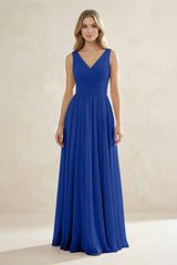 V - Neck Pleated A - Line Bridesmaid Dress in Royal Blue - KISS BRIDAL Bridesmaid Dresses