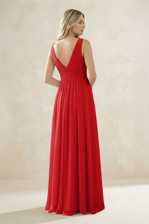 V - Neck Pleated A - Line Bridesmaid Dress in Ruby Red - SHE IS ME Bridesmaid Dresses