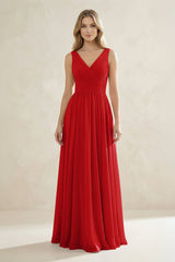 V - Neck Pleated A - Line Bridesmaid Dress in Ruby Red - KISS BRIDAL Bridesmaid Dresses