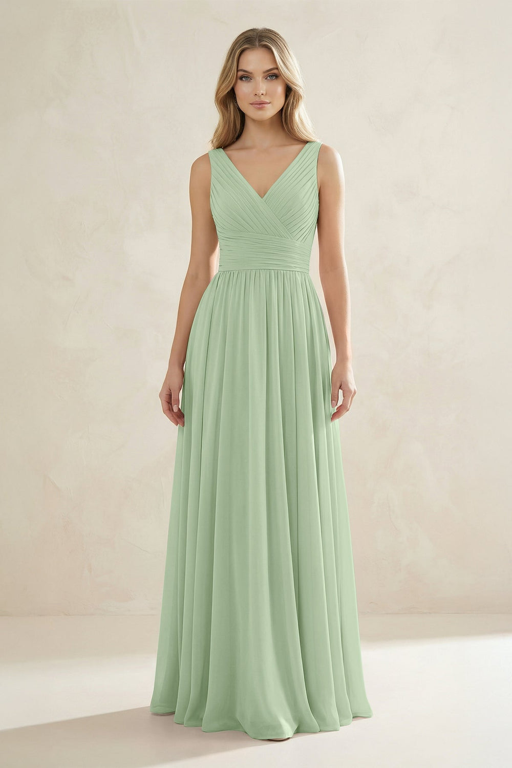 V - Neck Pleated A - Line Bridesmaid Dress in Sage - KISS BRIDAL Bridesmaid Dresses