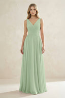 V - Neck Pleated A - Line Bridesmaid Dress in Sage - SHE IS ME Bridesmaid Dresses