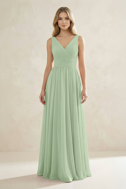 V - Neck Pleated A - Line Bridesmaid Dress in Sage - SHE IS ME Bridesmaid Dresses