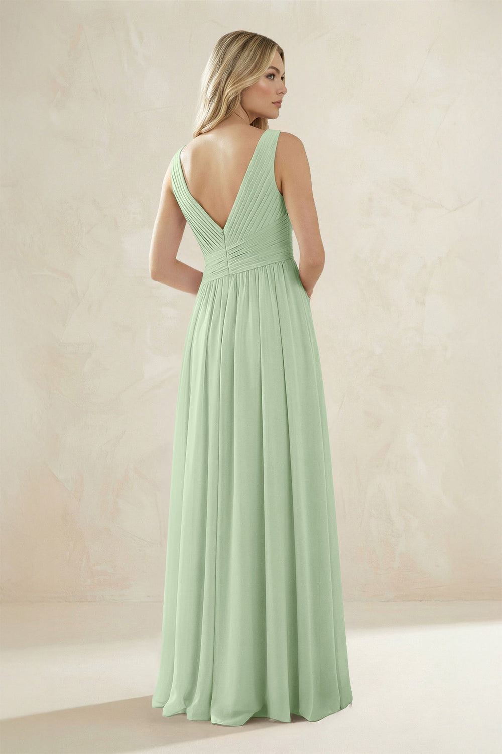 V - Neck Pleated A - Line Bridesmaid Dress in Sage - KISS BRIDAL Bridesmaid Dresses