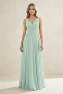 V-Neck Pleated A-Line Bridesmaid Dress in Sage | KISSBRIDAL
