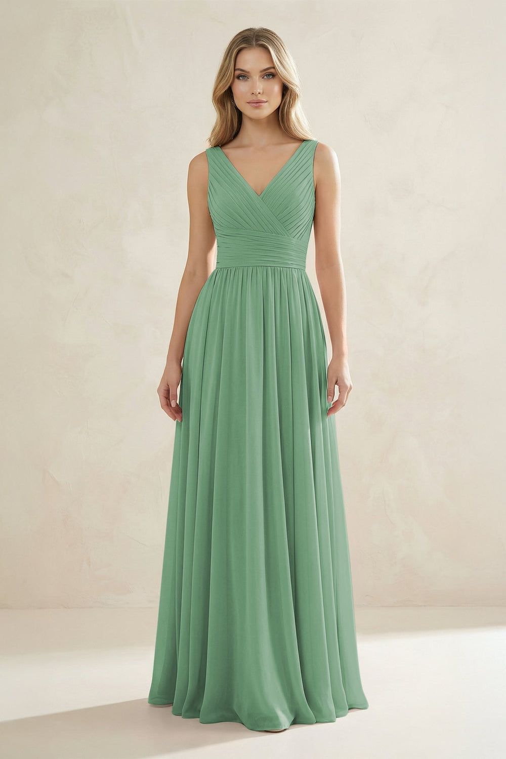 V - Neck Pleated A - Line Bridesmaid Dress in Sea Glass - KISS BRIDAL Bridesmaid Dresses