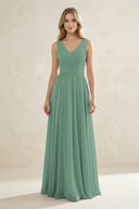 V-Neck Pleated A-Line Bridesmaid Dress in Sea Glass | KISSBRIDAL