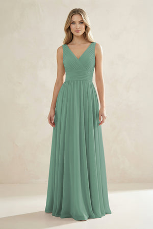 V-Neck Pleated A-Line Bridesmaid Dress in Sea Glass | KISSBRIDAL