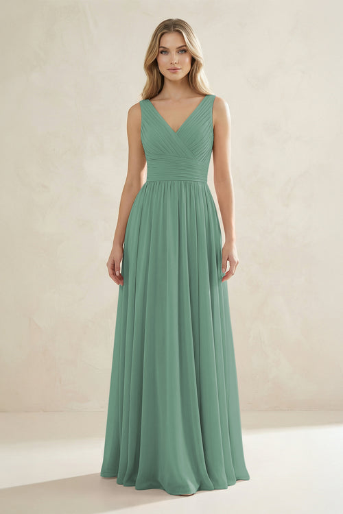 V-Neck Pleated A-Line Bridesmaid Dress in Sea Glass | KISSBRIDAL