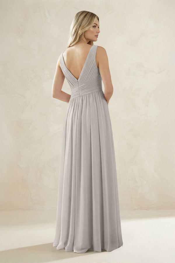 V - Neck Pleated A - Line Bridesmaid Dress in Silver - SHE IS ME Bridesmaid Dresses