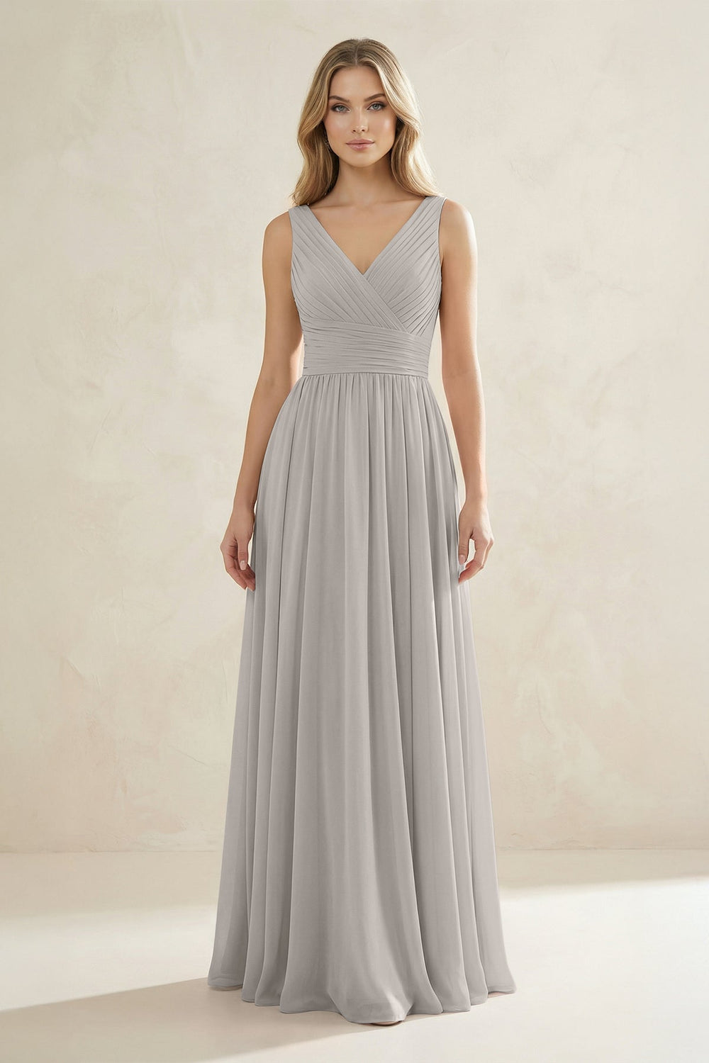 V - Neck Pleated A - Line Bridesmaid Dress in Silver - KISS BRIDAL Bridesmaid Dresses