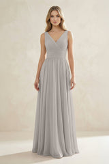 V - Neck Pleated A - Line Bridesmaid Dress in Silver - KISS BRIDAL Bridesmaid Dresses