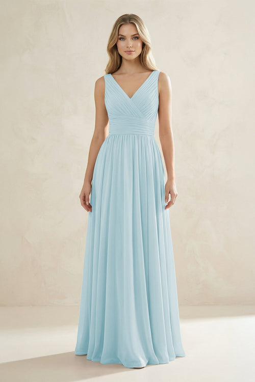 V - Neck Pleated A - Line Bridesmaid Dress in Sky Blue - SHE IS ME Bridesmaid Dresses